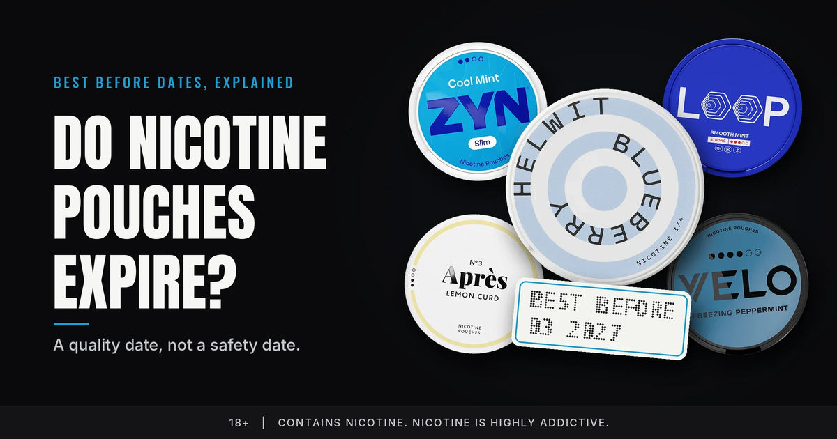 All-white nicotine pouch cans from ZYN, Helwit, Loop, Velo and Après next to a best before date label