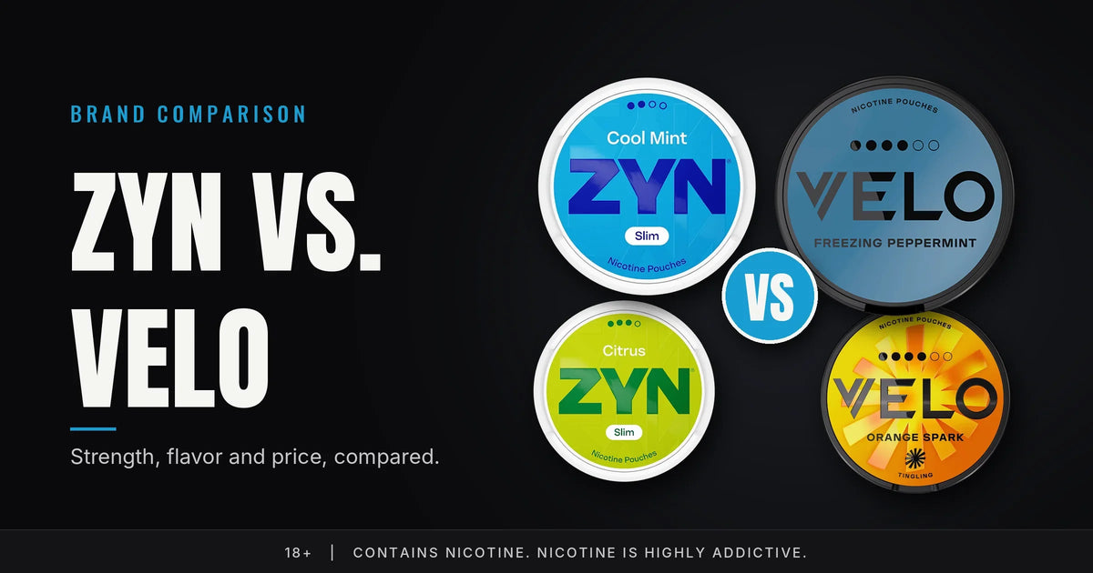 ZYN Cool Mint and Citrus cans next to Velo Freezing Peppermint and Orange Spark cans