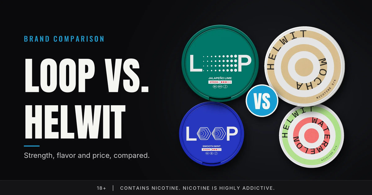 Loop Jalapeno Lime and Smooth Mint cans next to Helwit Mocha and Watermelon cans
